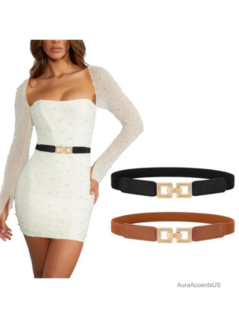 2 Pack Women's Skinny Stretchy Cinch Belt with Retro Gold Buckle
